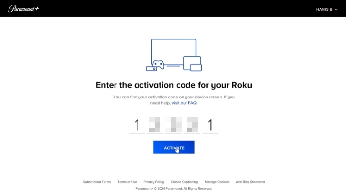 click Activate | Paramount Plus on Roku
