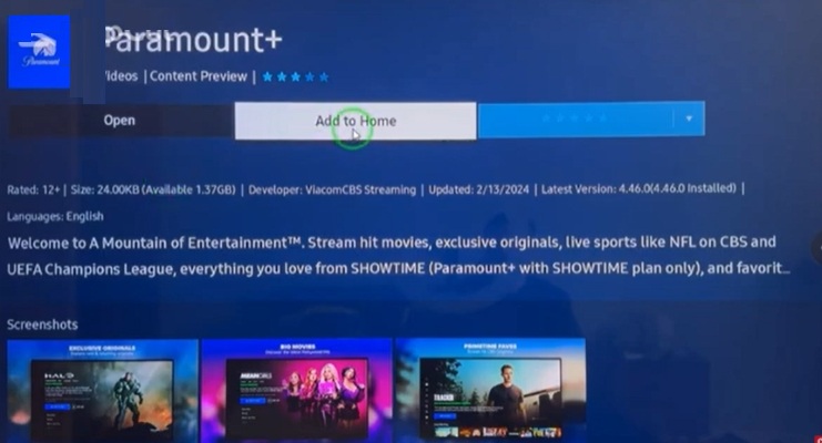 choose Add to Home | Paramount Plus on Roku