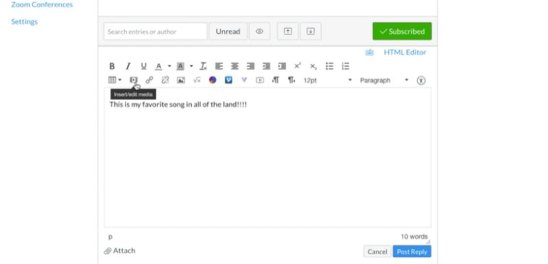 select Insert | Embed YouTube Videos in Canvas