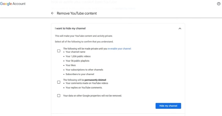 click Hide my channel | Make a Private YouTube Video