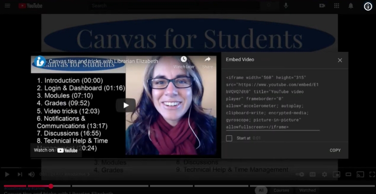 copy embed code | Embed YouTube Videos in Canvas