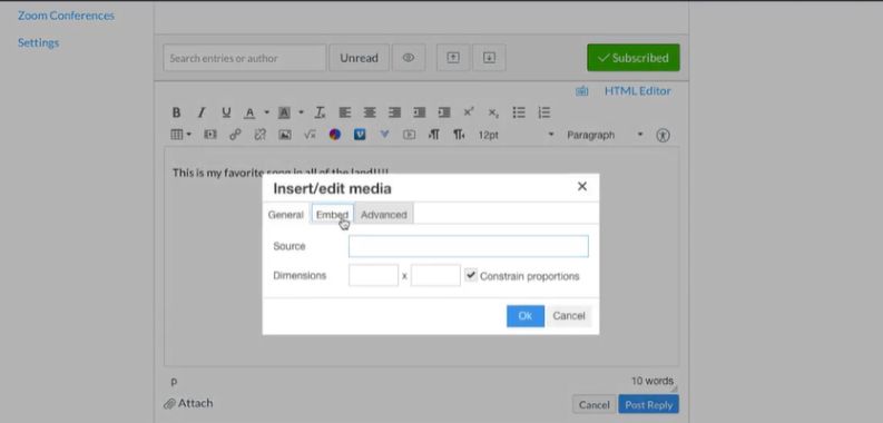 click Embed tab | Embed YouTube Videos in Canvas