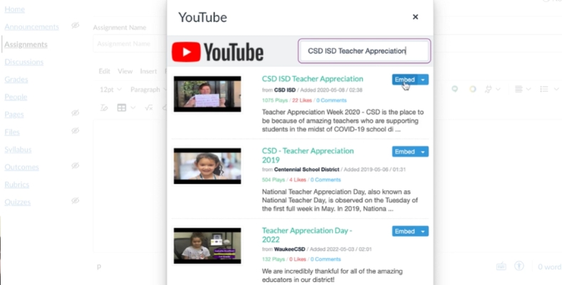 appeared results | Embed YouTube Videos in Canvas
