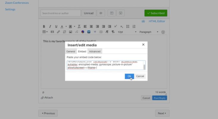 click OK | Embed YouTube Videos in Canvas