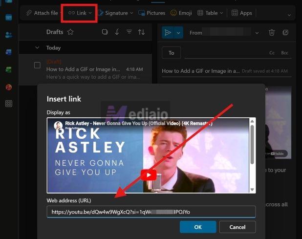 insert link box | Embed a YouTube Video in an Email
