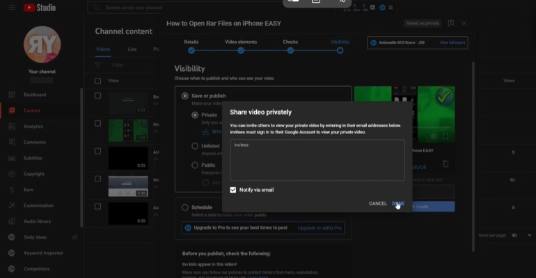check Notify via email | Make a Private YouTube Video
