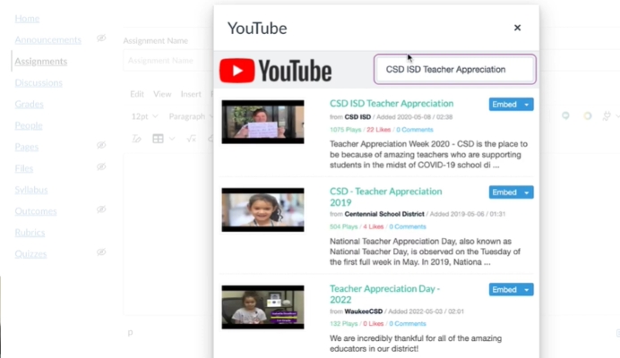 enter YouTube title | Embed YouTube Videos in Canvas