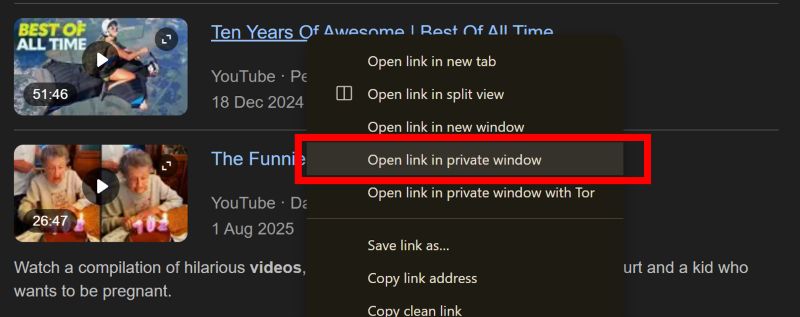 select Open link in new private window | YouTube Videos Won't Play for More than One Minute with NordVPN